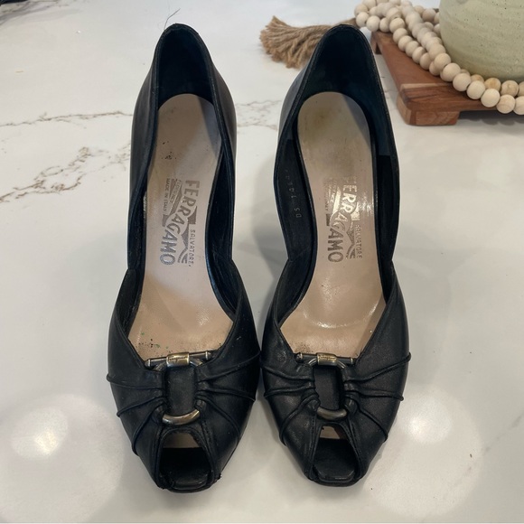 SALVATORE FERRAGAMO Black Peep Toe Heels! - Picture 4 of 10